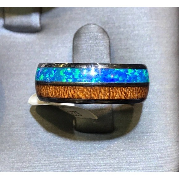 Mens Tungsten Ring Sz10.5 Black/Lab Opal & Wood Strips Unique Look New W Tags - Picture 1 of 3